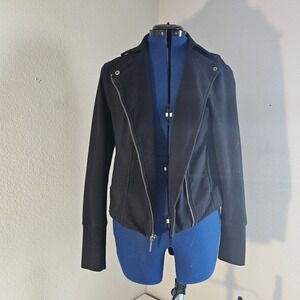 H by Halston black moto jacket long sleeve cotton sporty zip up snap collar